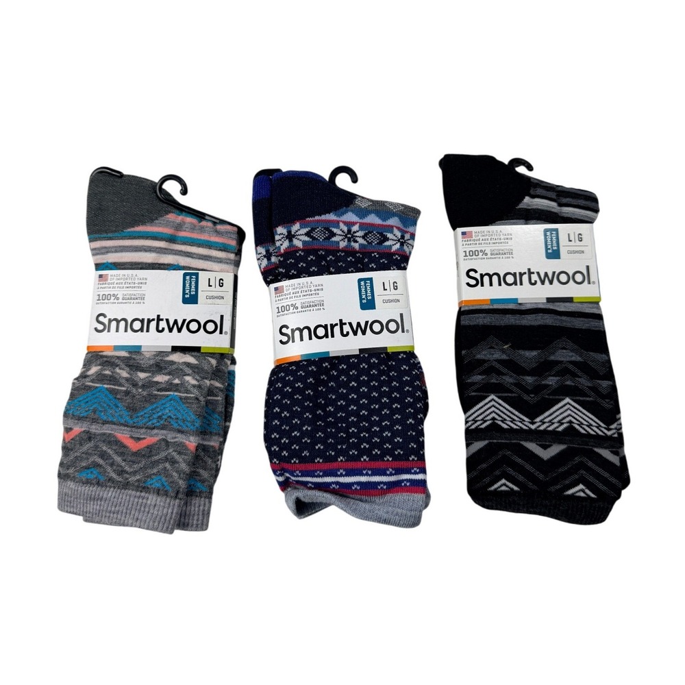 Smartwool Womens L Merino Wool Socks Ripple Creek Cozy Cabin Crew Cushion LOT 3